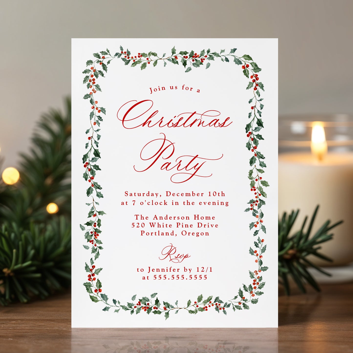 Elegant Holly Berries and Greenery Christmas Party Invitation