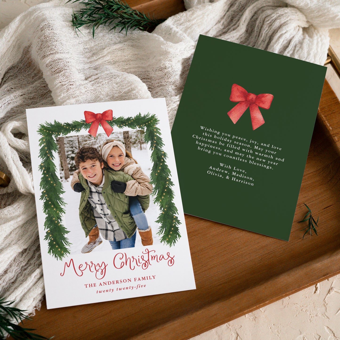 Whimsical Red Bow Garland Christmas Photo Holiday Card | Corjl Template