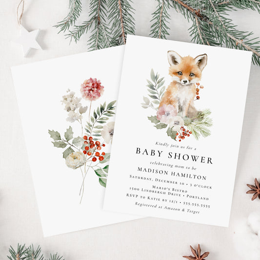 Cute Watercolor Fox Winter Baby Shower Invitation | Corjl Template