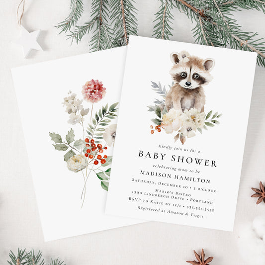 Cute Watercolor Raccoon Winter Baby Shower Invitation | Corjl Template