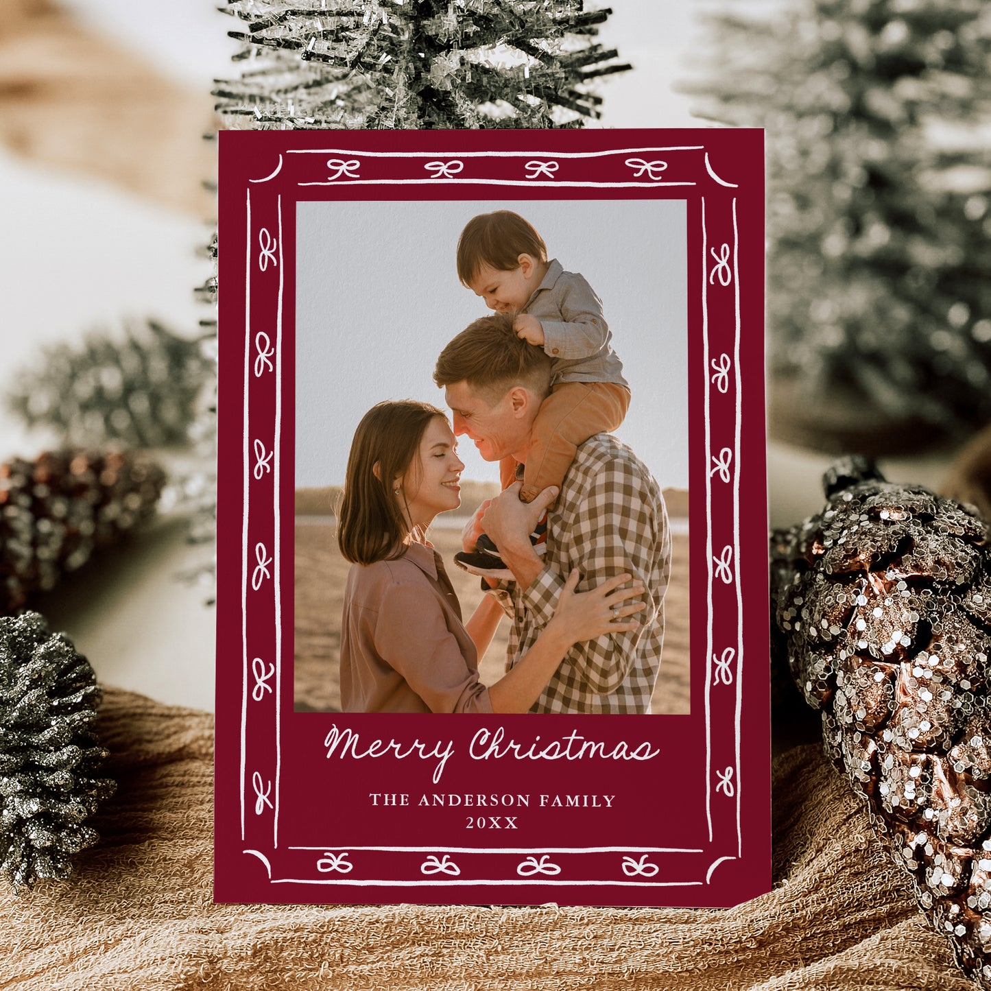 Whimsical Hand-Drawn Bow Frame Cranberry 2 Photo Holiday Card | Corjl Template
