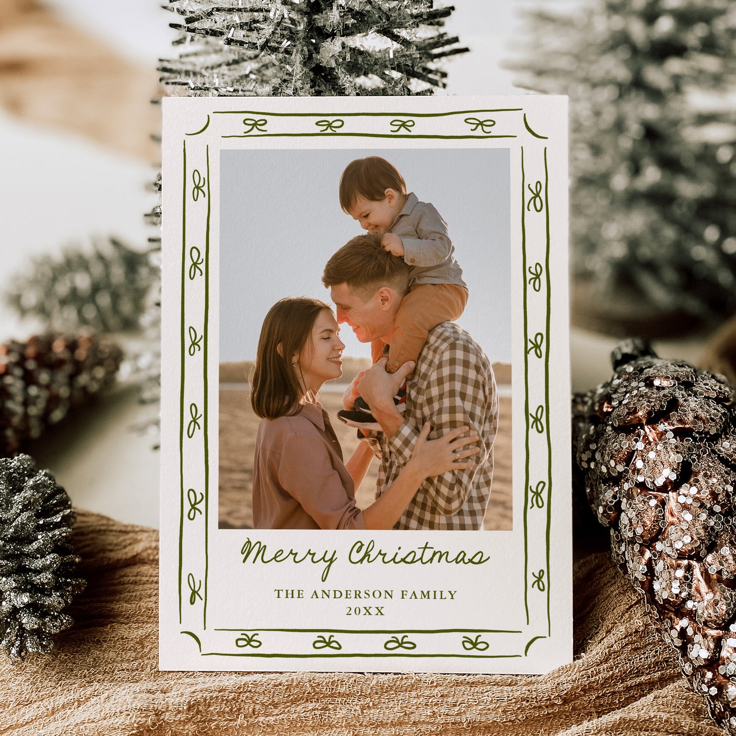 Whimsical Hand-Drawn Green Bow Frame 2 Photo Holiday Card | Corjl Template