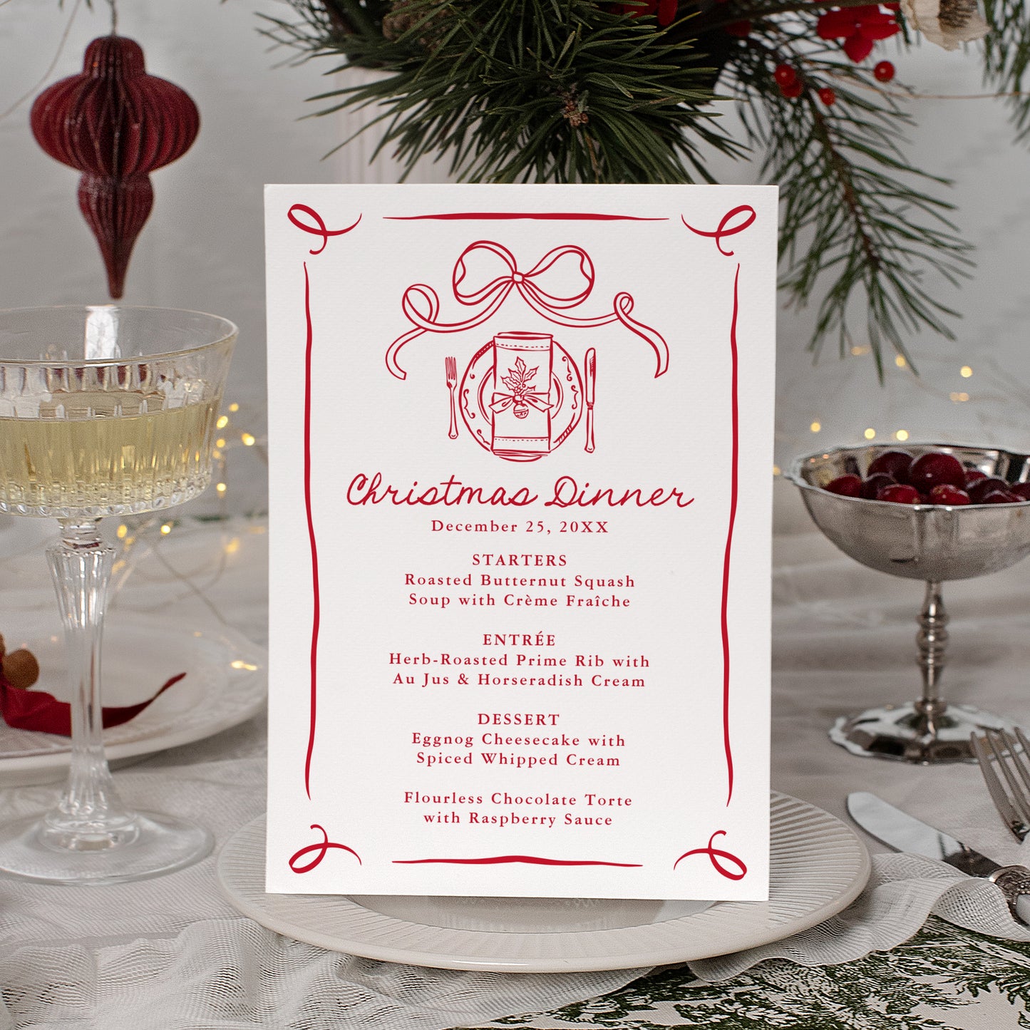 Whimsical Hand-Drawn Green Bow Christmas Dinner Menu