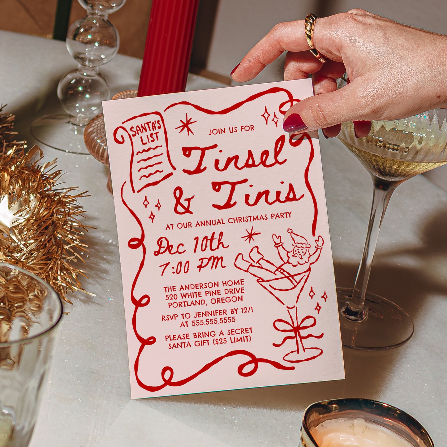 Whimsical Tinsel and Tinis Christmas Party Invitation in Pink and Red | Corjl Template