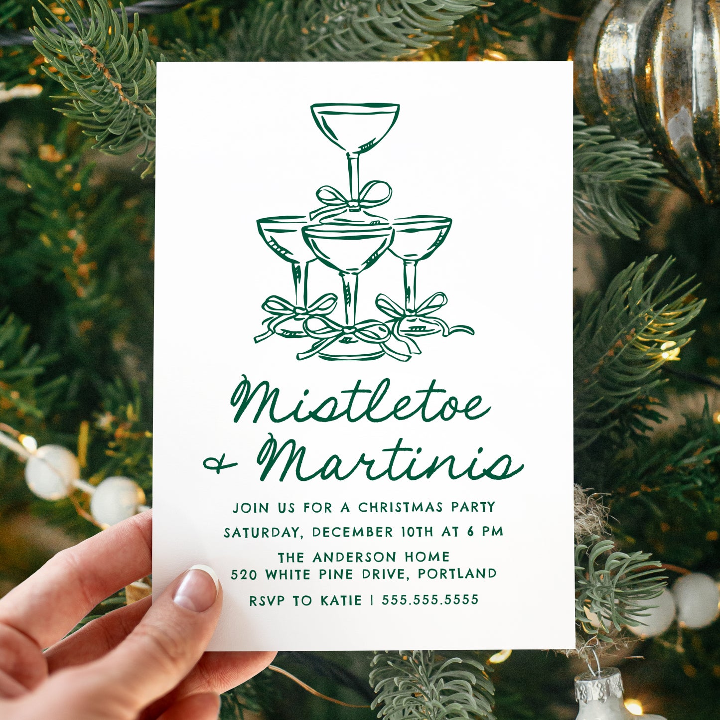 Elegant Mistletoe and Martinis Green Christmas Party Invitation