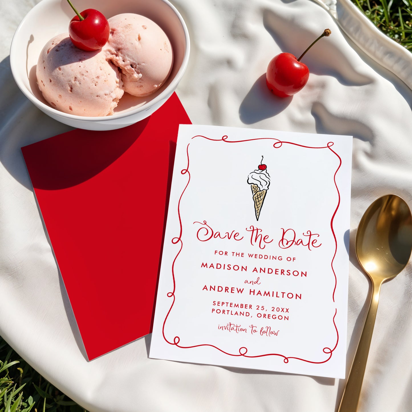 Whimsical Ice Cream Cone Wedding Save The Date Card | Corjl Template