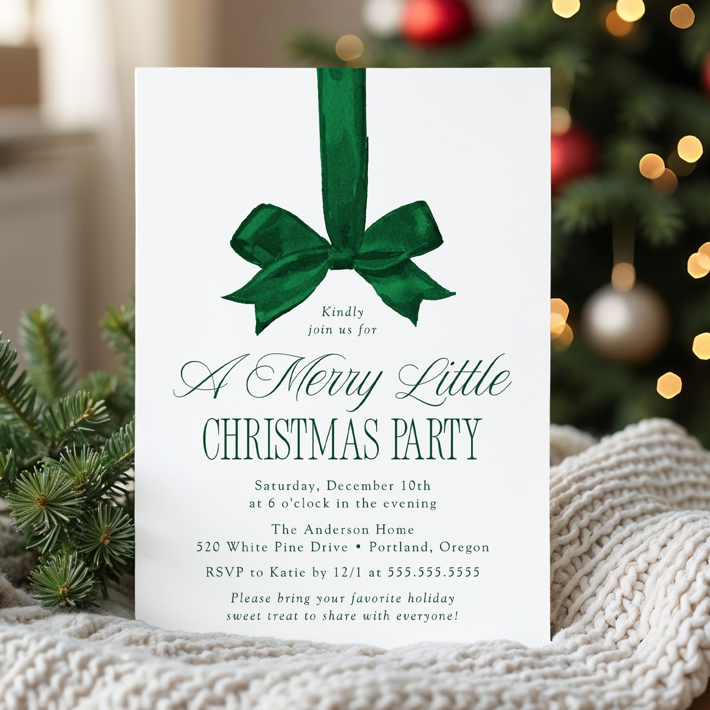 Elegant Green Bow Merry Little Christmas Party Invitation