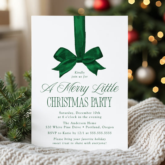 Elegant Green Bow Merry Little Christmas Party Invitation
