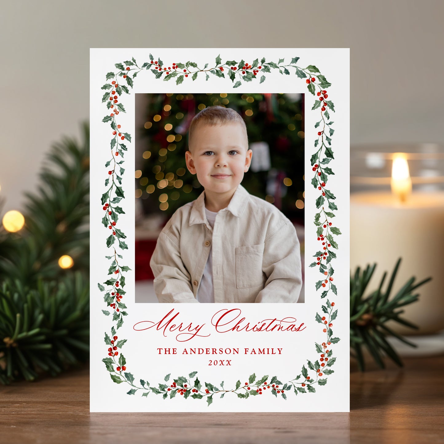 Elegant Holly Berries and Greenery 2 Photo Holiday Card | Corjl Template