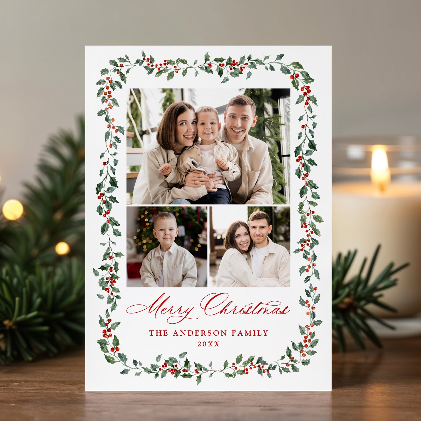 Elegant Holly Berries and Greenery 4 Photo Holiday Card | Corjl Template