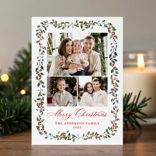 Elegant Holly Berries and Greenery 4 Photo Holiday Card | Corjl Template