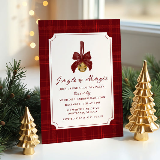 Elegant Jingle and Mingle Burgundy Plaid Christmas Party Invitation