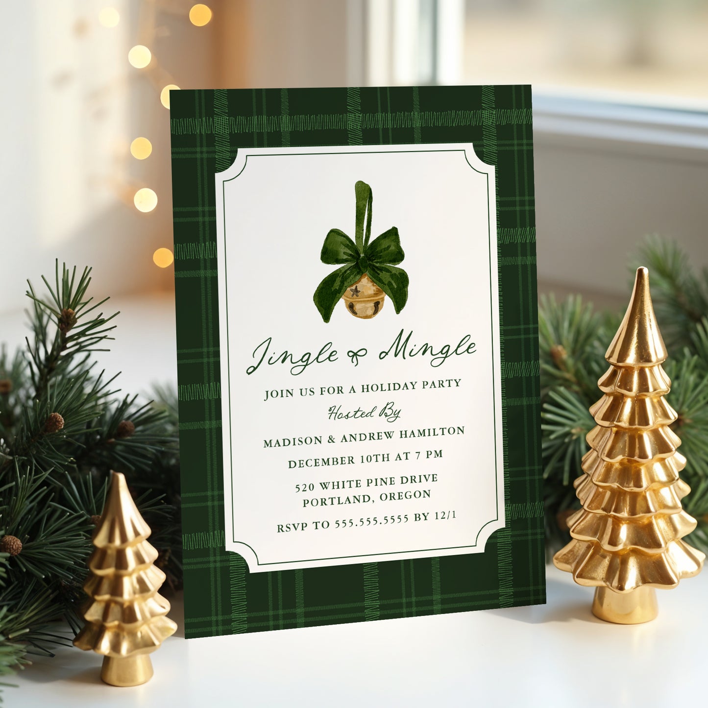 Elegant Jingle and Mingle Green Plaid Christmas Party Invitation