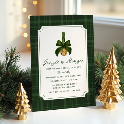 Elegant Jingle and Mingle Green Plaid Christmas Party Invitation
