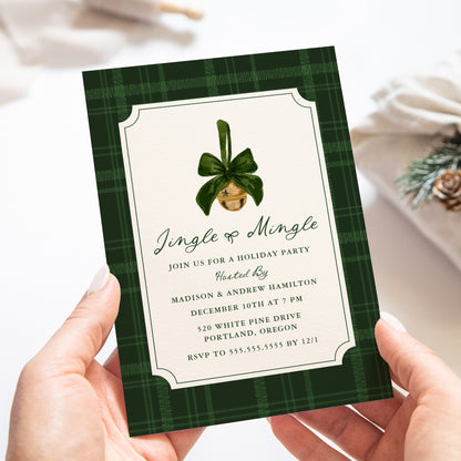 Elegant Jingle and Mingle Green Plaid Christmas Party Invitation