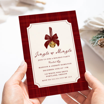 Elegant Jingle and Mingle Burgundy Plaid Christmas Party Invitation