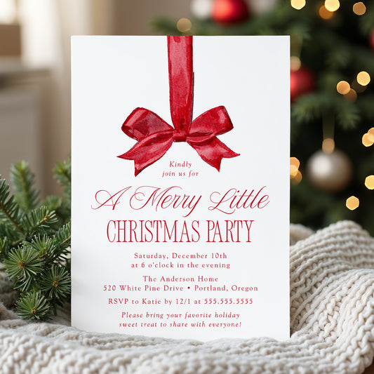 Elegant Red Bow Merry Little Christmas Party Invitation | Canva Template