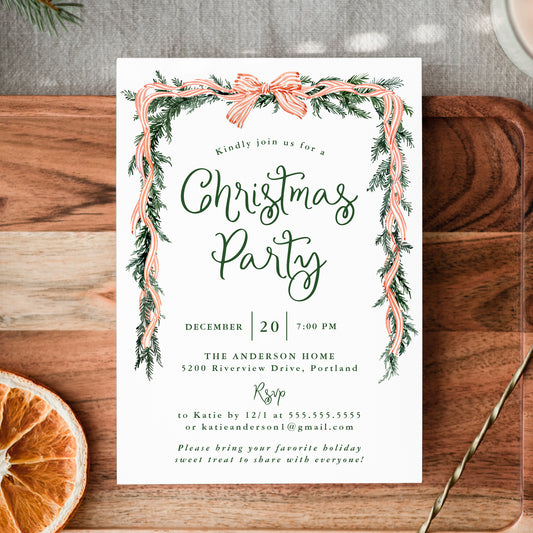 Elegant Red Striped Bow Greenery Christmas Party Invitation | Corjl Template