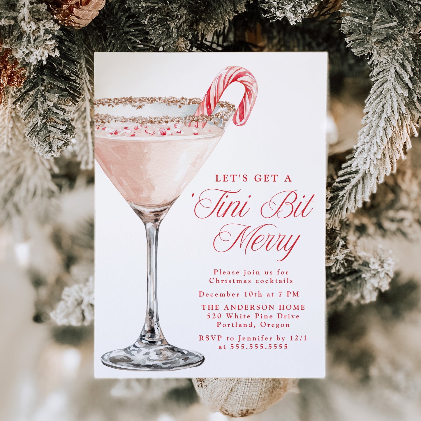 'Tini Bit Merry Candy Cane Martini Christmas Party Invitation | Canva Template