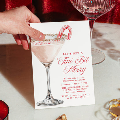 'Tini Bit Merry Candy Cane Martini Christmas Party Invitation | Canva Template