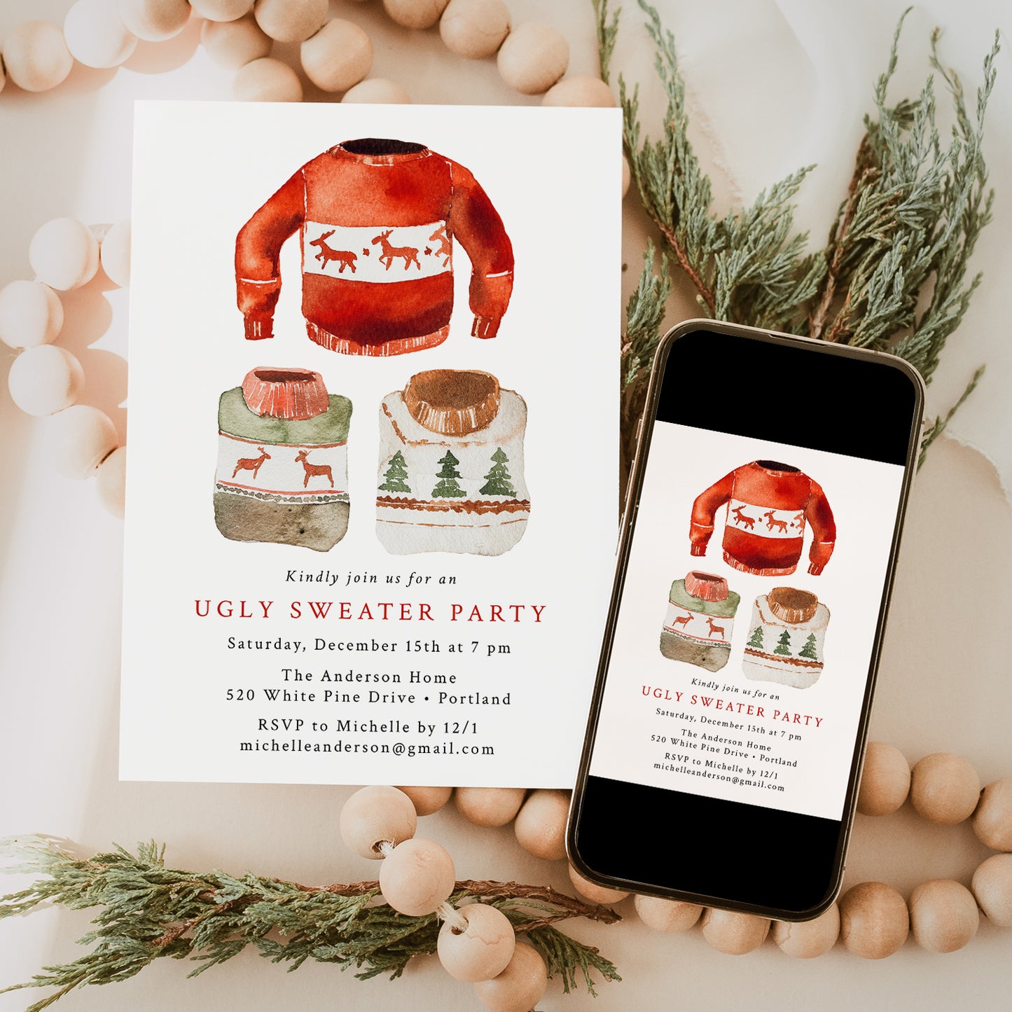 Watercolor Ugly Sweater Holiday Party Invitation | Corjl Template