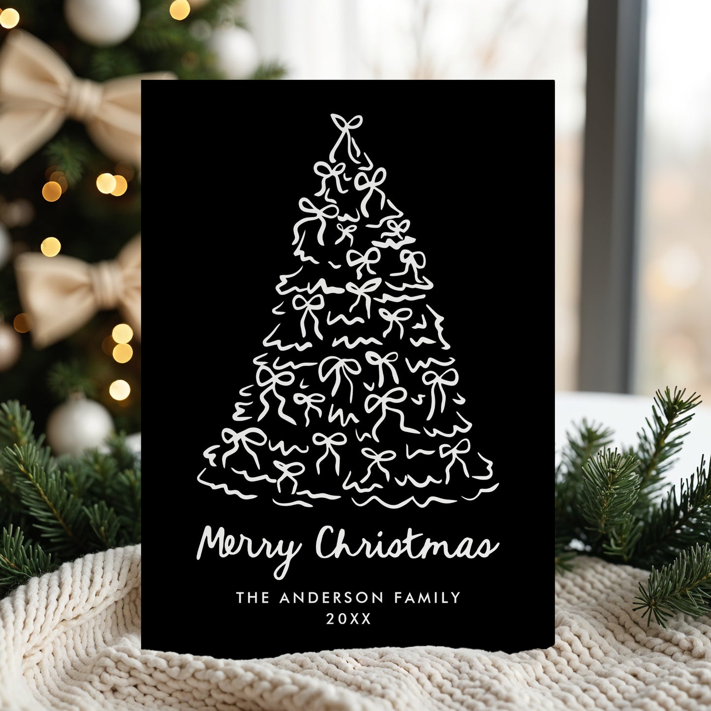 Whimsical Christmas Tree Bows Black Non-Photo Holiday Card | Corjl Template