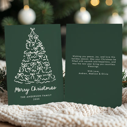 Whimsical Christmas Tree Bows Pine Green Non-Photo Holiday Card | Corjl Template