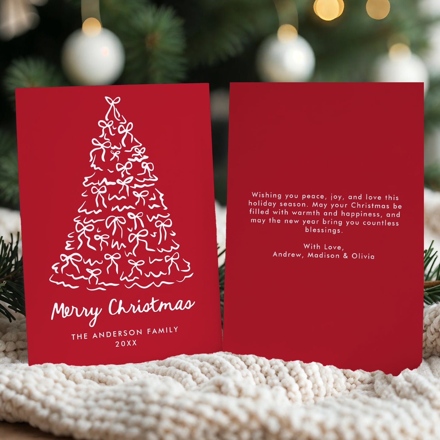 Whimsical Christmas Tree Bows Red Non-Photo Holiday Card | Corjl Template