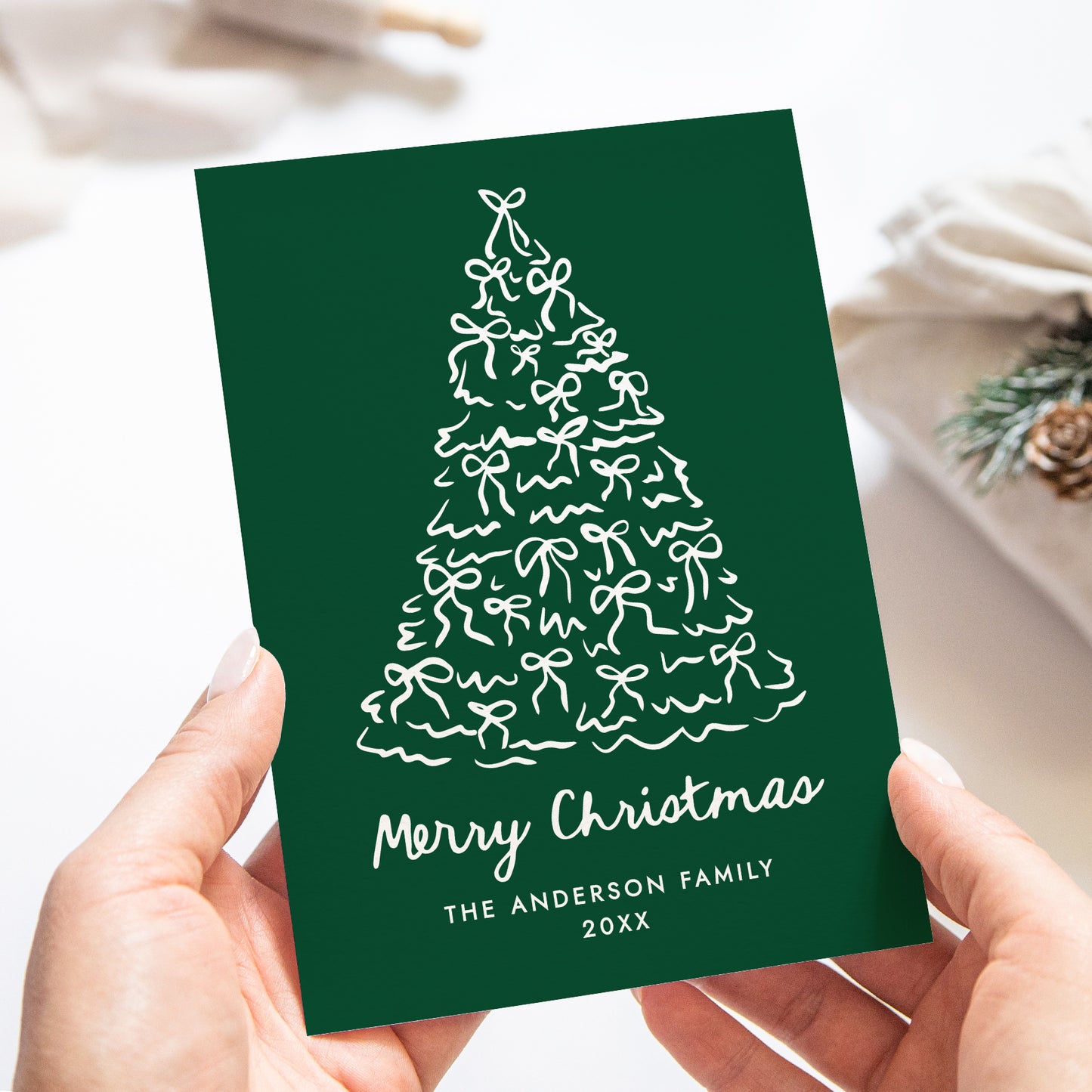 Whimsical Christmas Tree Bows Green Non-Photo Holiday Card | Corjl Template