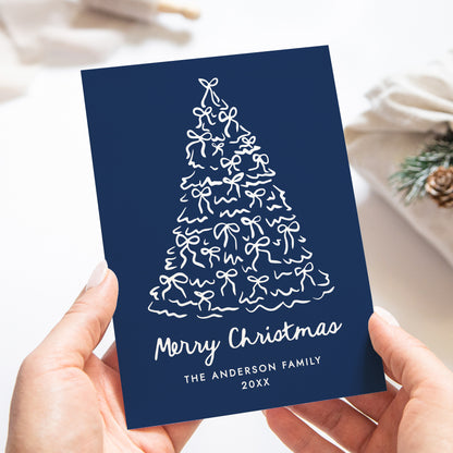 Whimsical Christmas Tree Bows Navy Non-Photo Holiday Card | Corjl Template
