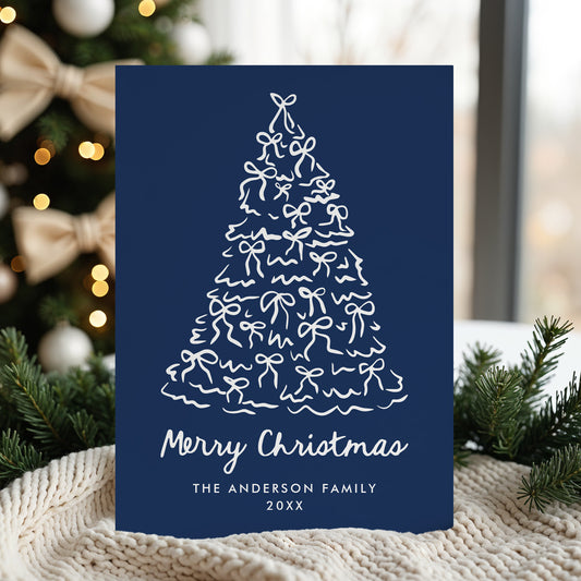 Whimsical Christmas Tree Bows Navy Non-Photo Holiday Card | Corjl Template
