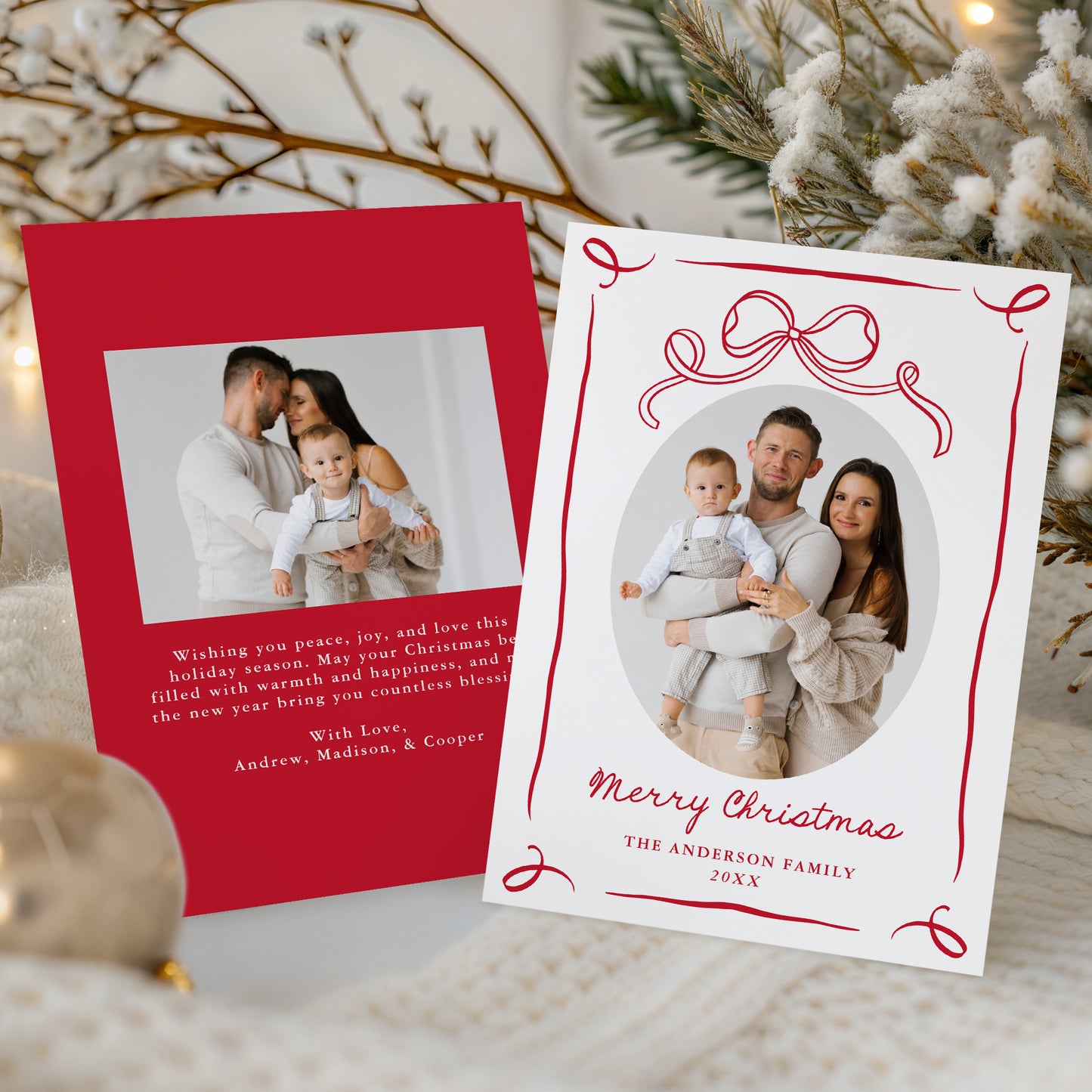 Whimsical Hand-Drawn Red Bow Christmas 2 Photo Holiday Card | Corjl Template