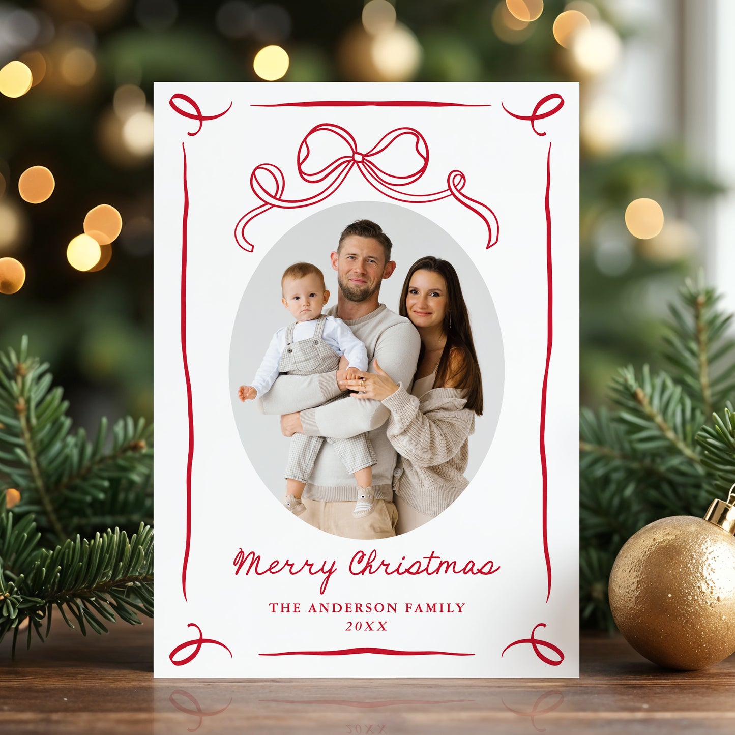 Whimsical Hand-Drawn Red Bow Christmas 2 Photo Holiday Card | Corjl Template