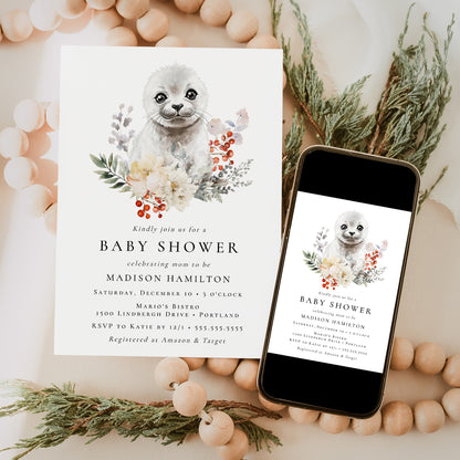 Cute Watercolor Arctic Seal Winter Baby Shower Invitation | Corjl Template