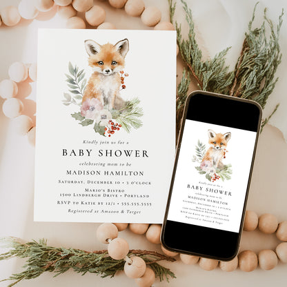 Cute Watercolor Fox Winter Baby Shower Invitation | Corjl Template