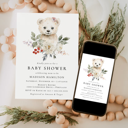 Cute Watercolor Polar Bear Winter Baby Shower Invitation | Corjl Template