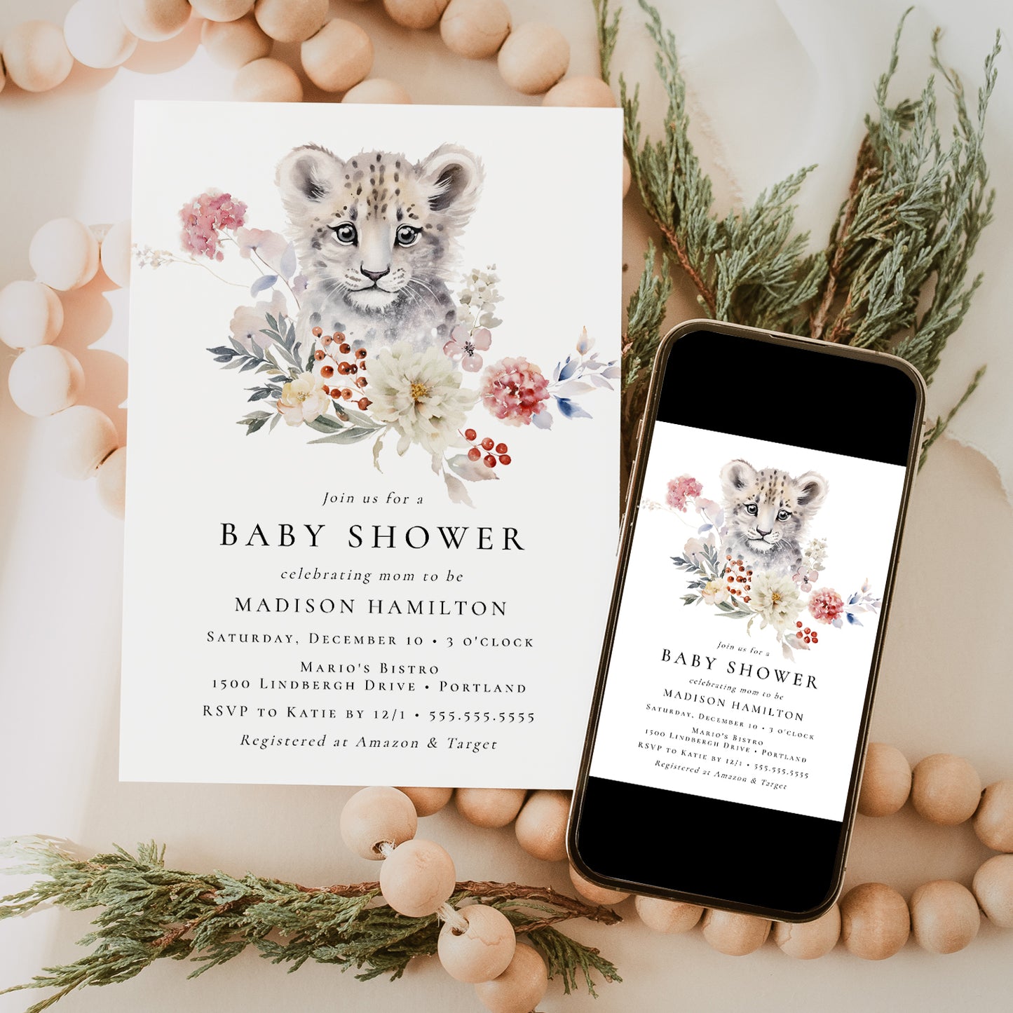 Cute Watercolor Snow Leopard Winter Baby Shower Invitation | Corjl Template