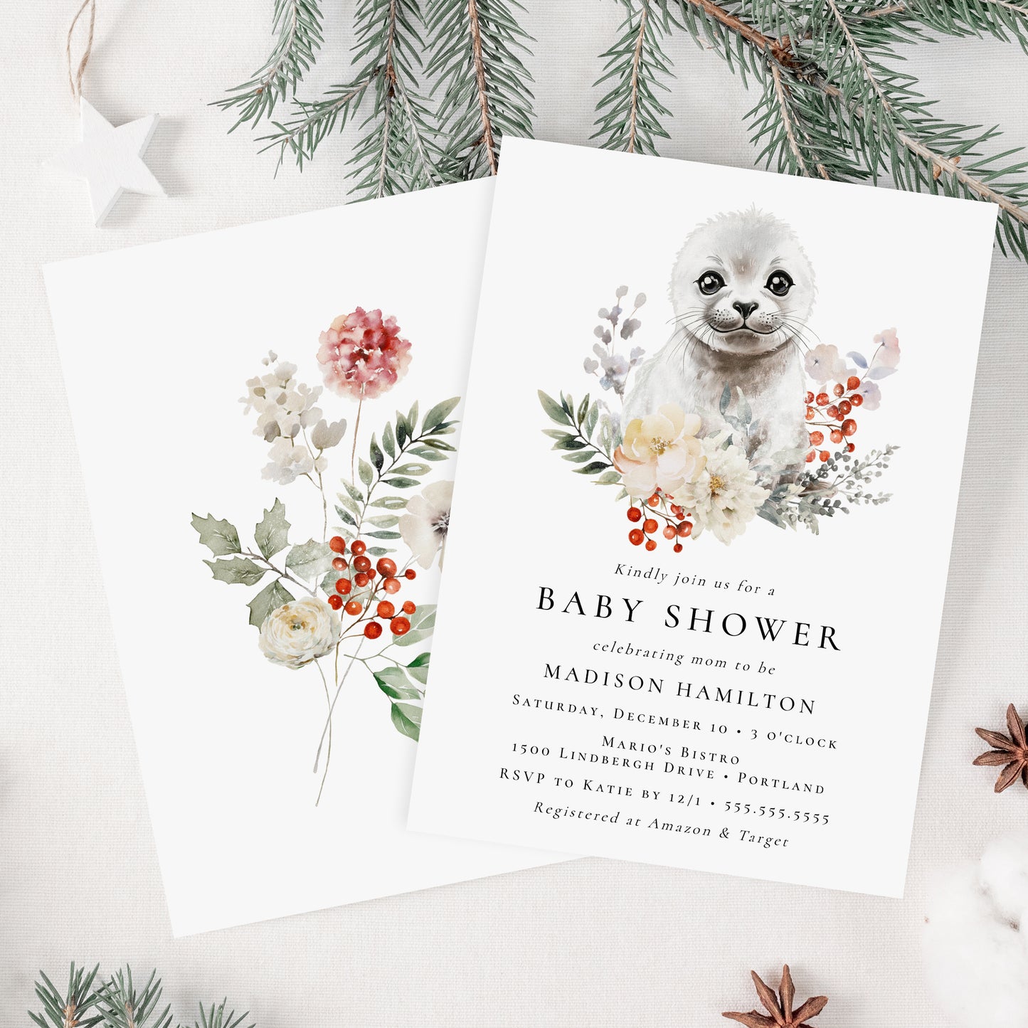 Cute Watercolor Arctic Seal Winter Baby Shower Invitation | Corjl Template