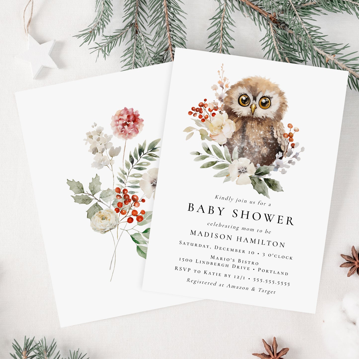 Cute Watercolor Winter Owl Baby Shower Invitation | Corjl Template