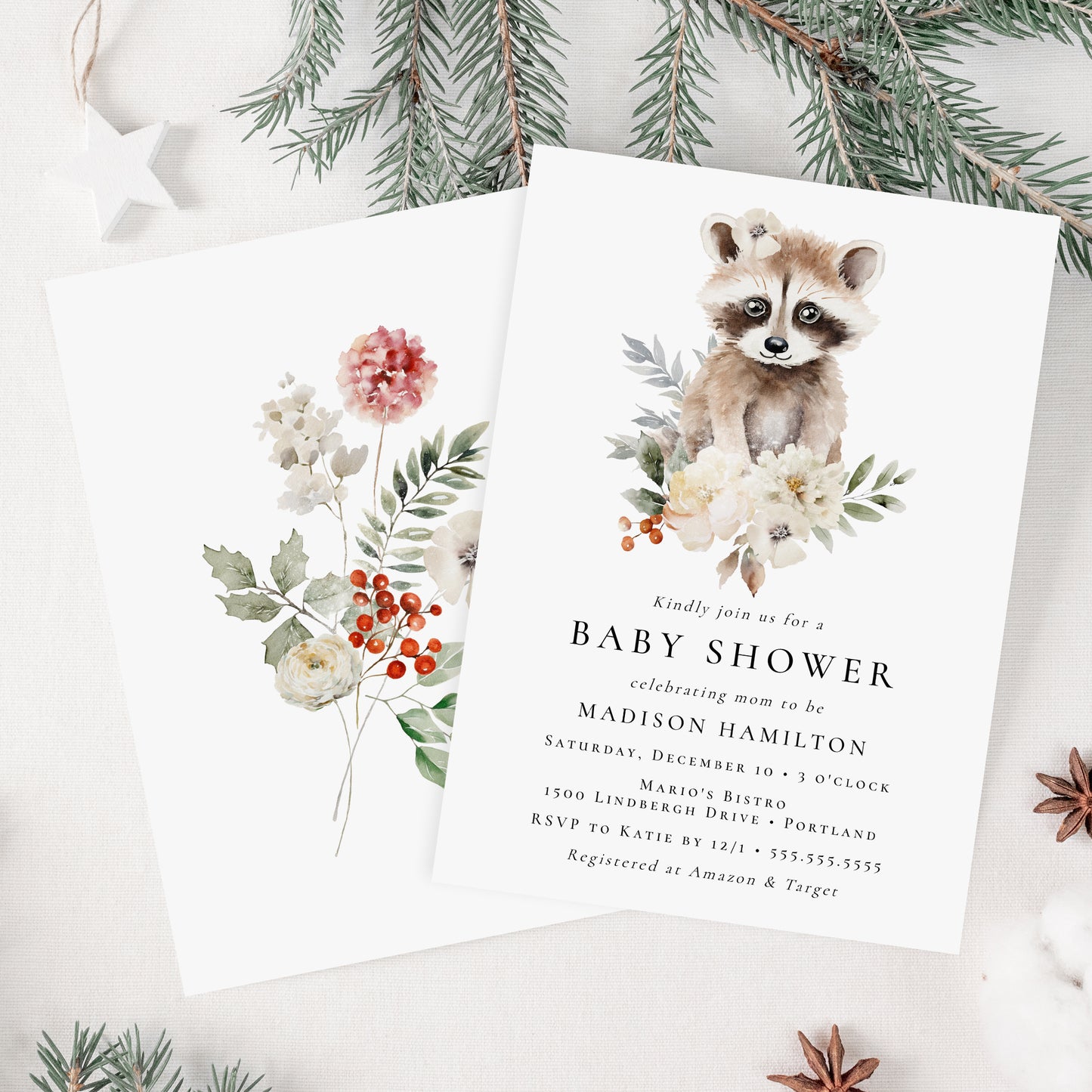 Cute Watercolor Raccoon Winter Baby Shower Invitation | Corjl Template