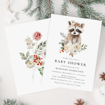 Cute Watercolor Raccoon Winter Baby Shower Invitation | Corjl Template