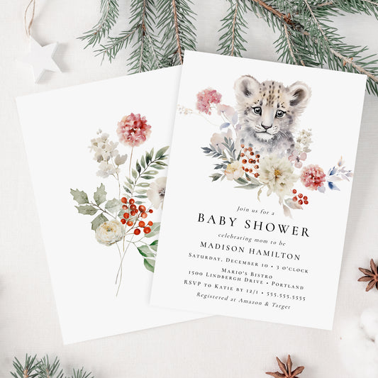 Cute Watercolor Snow Leopard Winter Baby Shower Invitation | Corjl Template