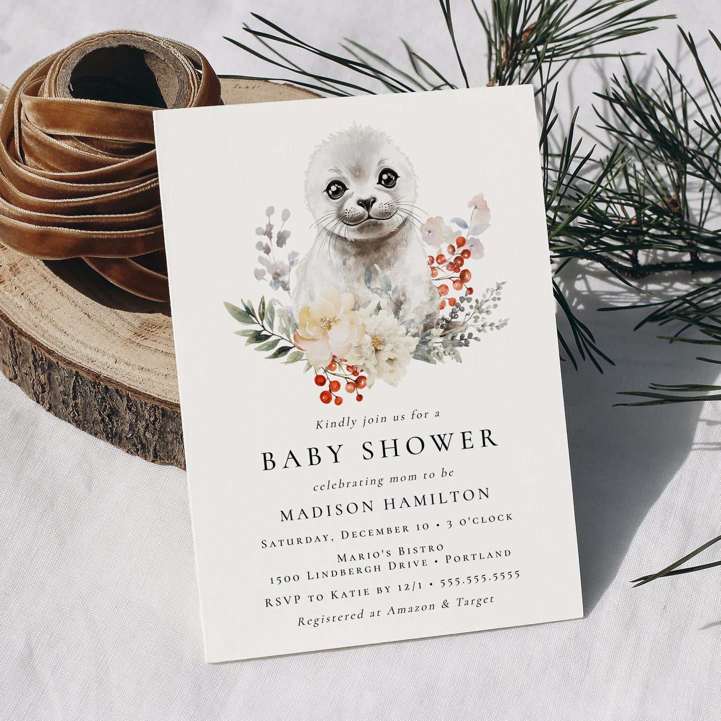 Cute Watercolor Arctic Seal Winter Baby Shower Invitation | Corjl Template