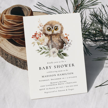 Cute Watercolor Winter Owl Baby Shower Invitation | Corjl Template