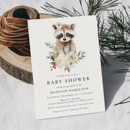 Cute Watercolor Raccoon Winter Baby Shower Invitation | Corjl Template