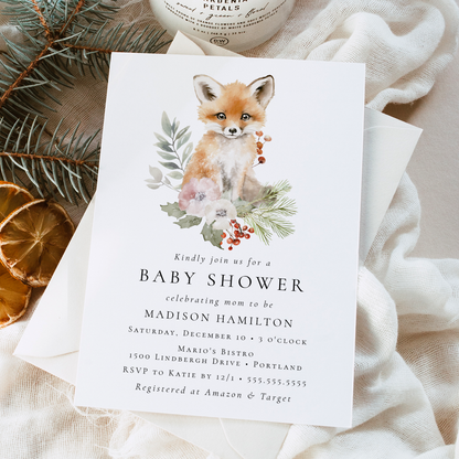 Cute Watercolor Fox Winter Baby Shower Invitation | Corjl Template