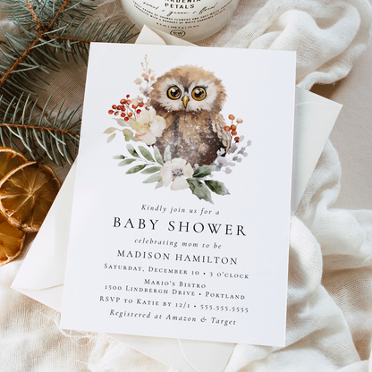 Cute Watercolor Winter Owl Baby Shower Invitation | Corjl Template