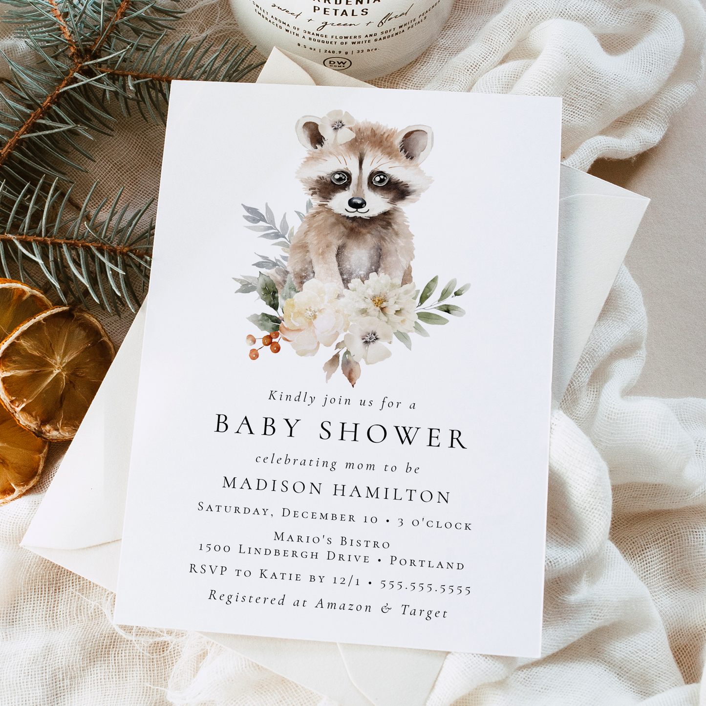 Cute Watercolor Raccoon Winter Baby Shower Invitation | Corjl Template
