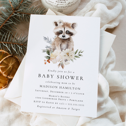 Cute Watercolor Raccoon Winter Baby Shower Invitation | Corjl Template