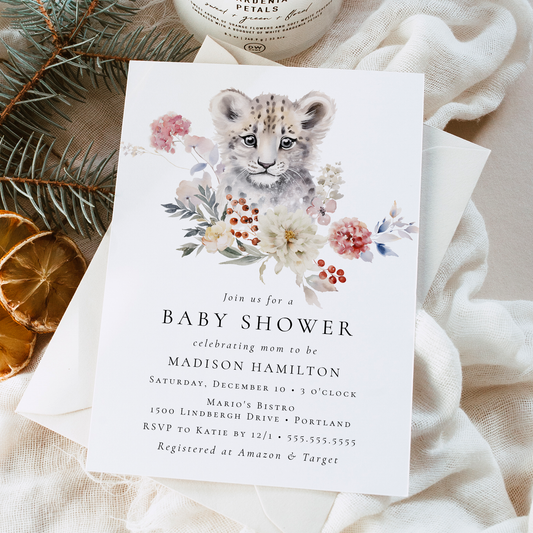 Cute Watercolor Snow Leopard Winter Baby Shower Invitation | Corjl Template